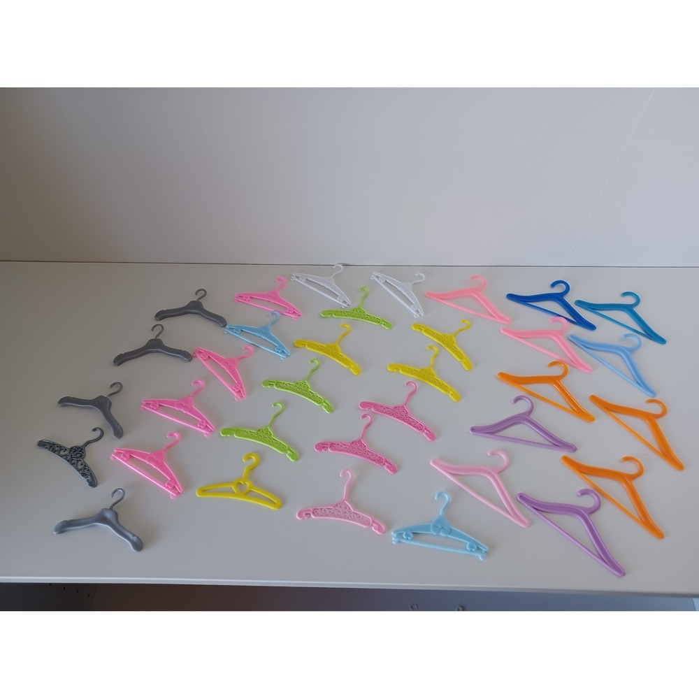 Lot of 30+ Assorted Barbie Doll Sized Clothes Hangers Colorful Plastic Styles